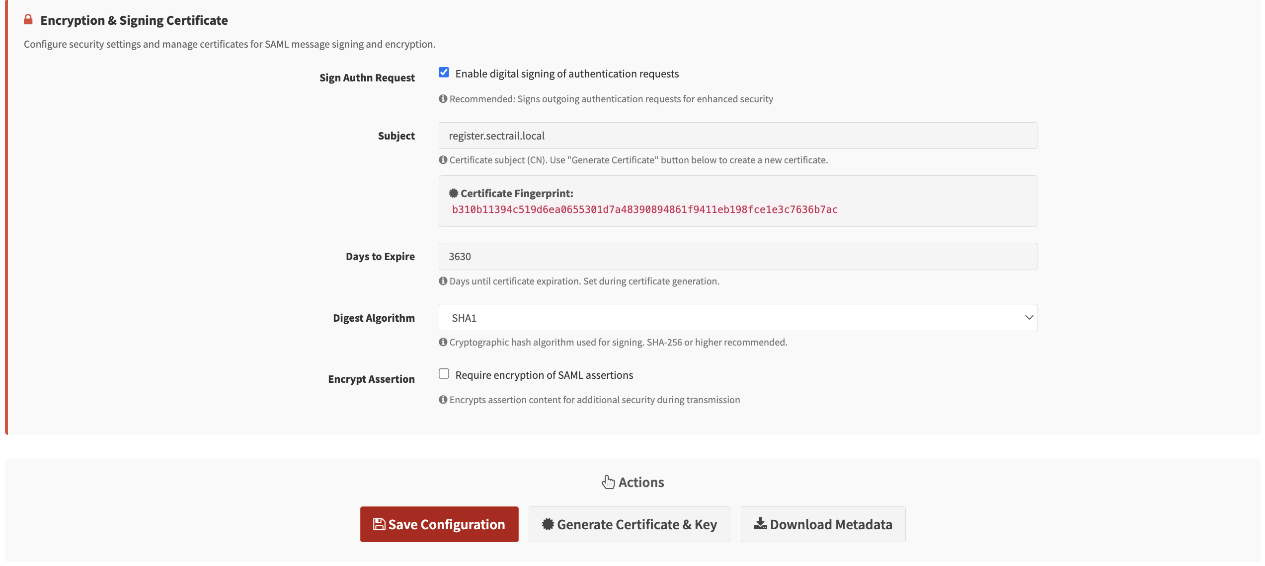 IdP Sertifika Ayarları