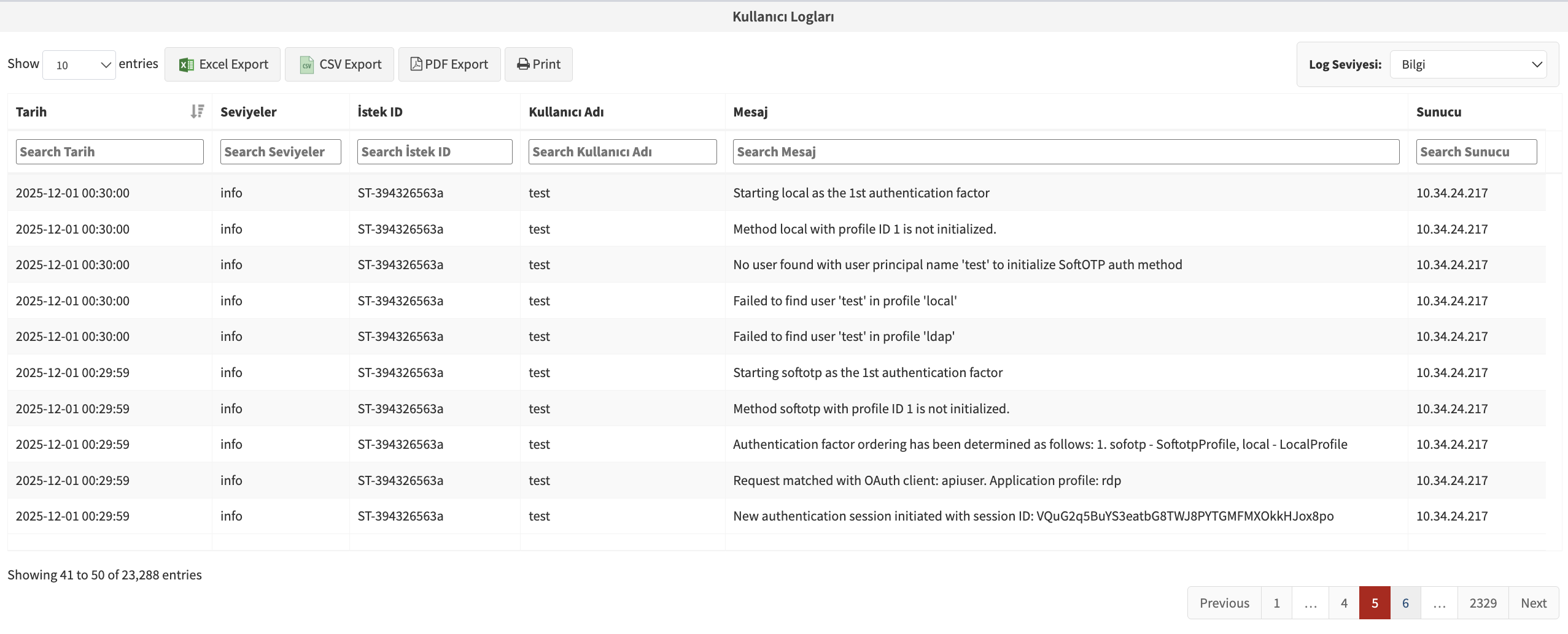 Kullanıcı Logları Ekranı (Türkçe)