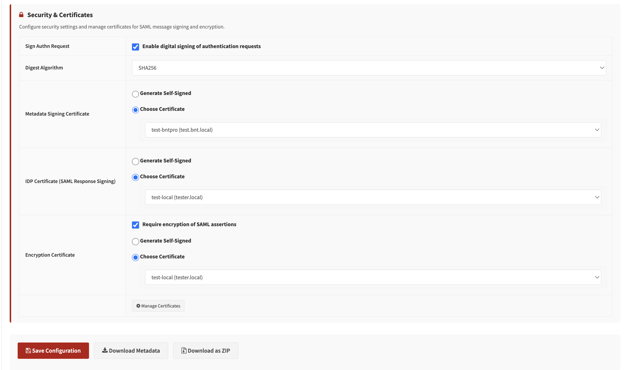IdP Certificate Settings