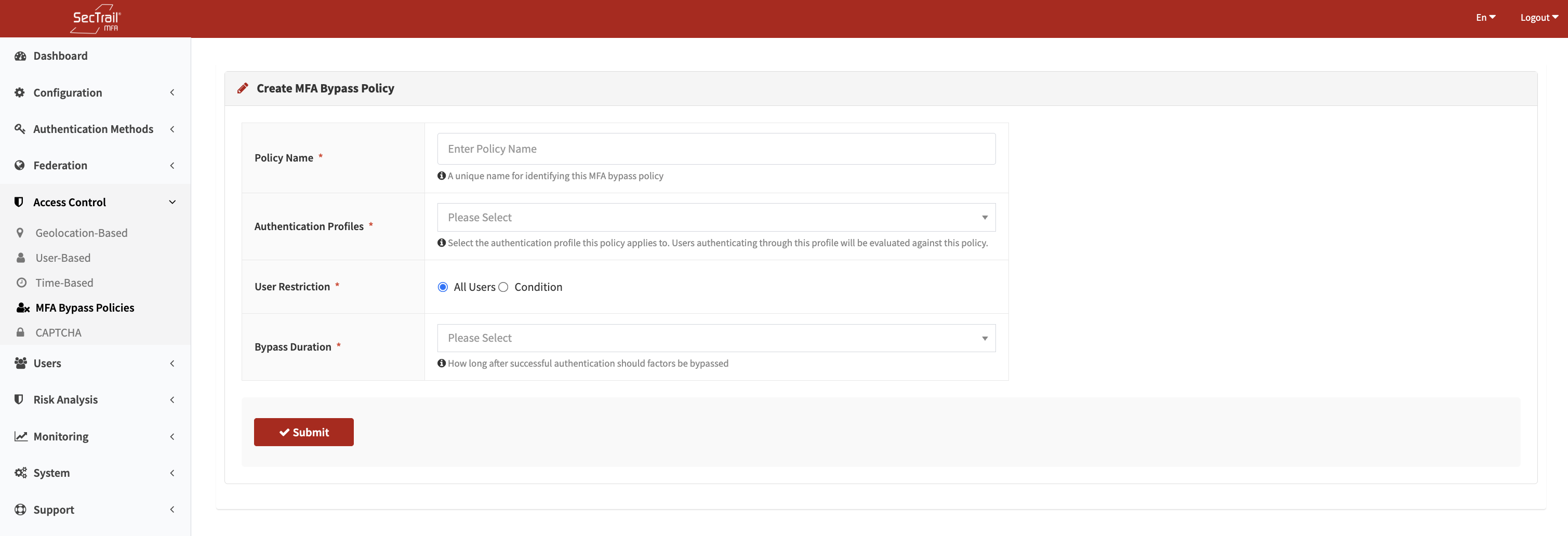 MFA Bypass Policy Create Form